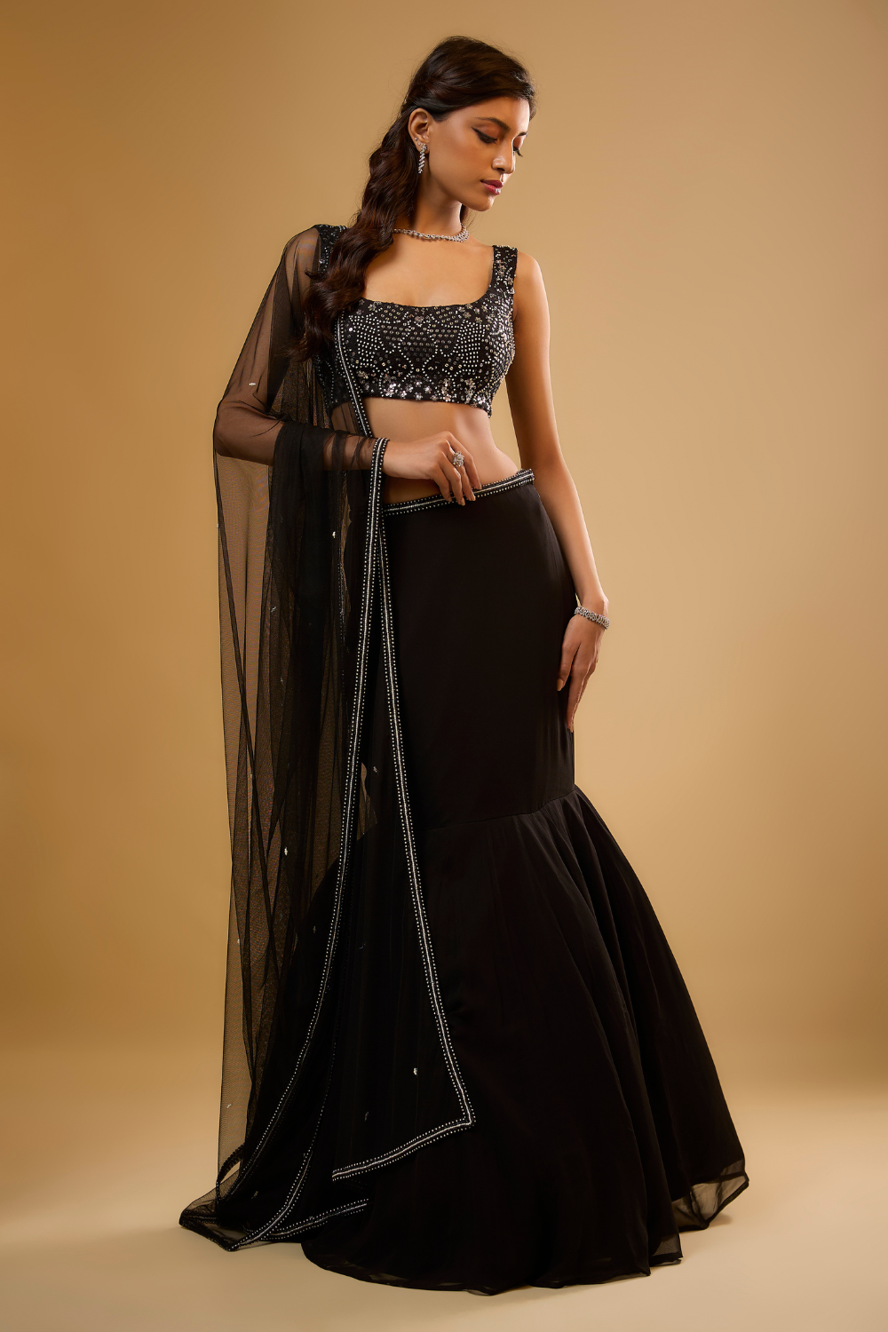 Black georgette fish cut lehenga set embroidered with sequins, glass beads & threadwork