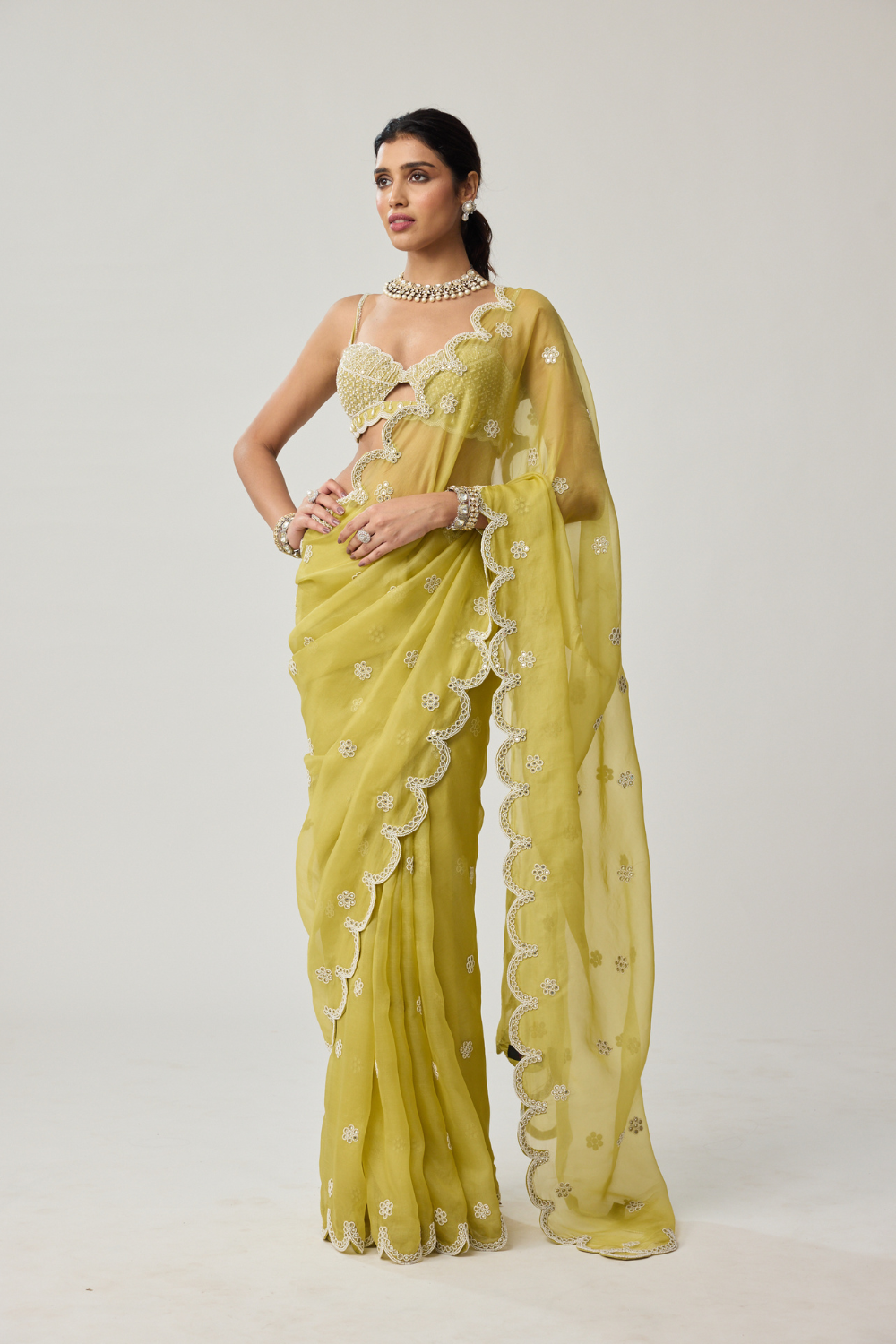 Fern Green Organza Mirror and Pearl saree set