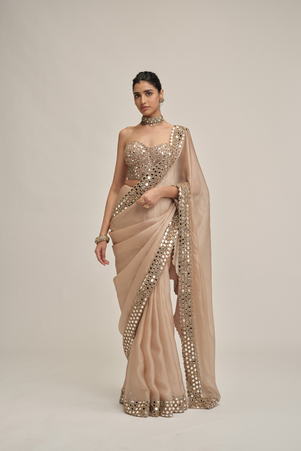 Light Beige Mirror Border Saree with Corset Set