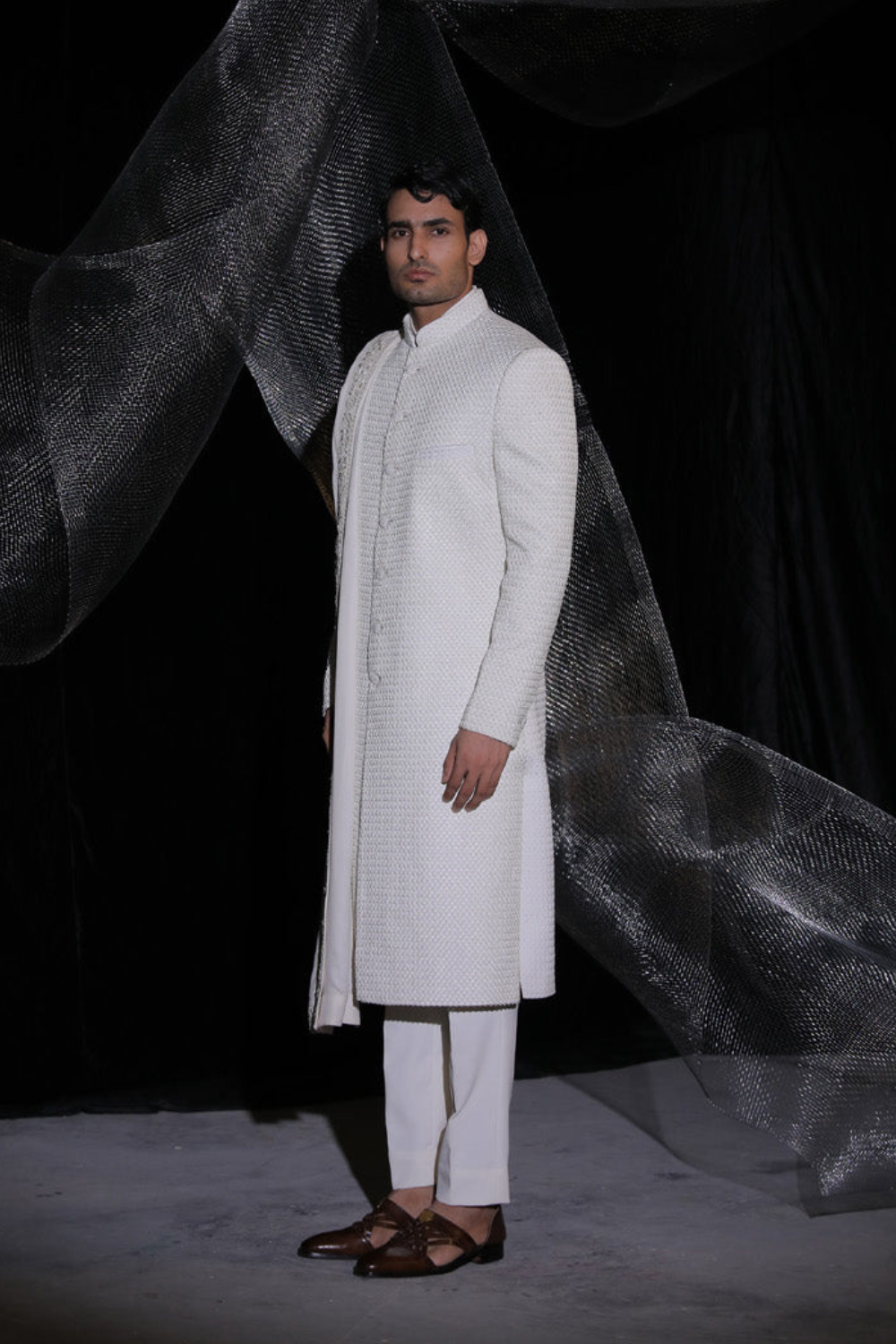 Vista White Sherwani With French Knot All Over The Sherwani