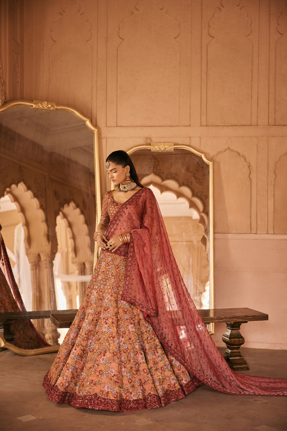 Rust, Deep Red, Hand embroidery, Tissue, Lehenga Set