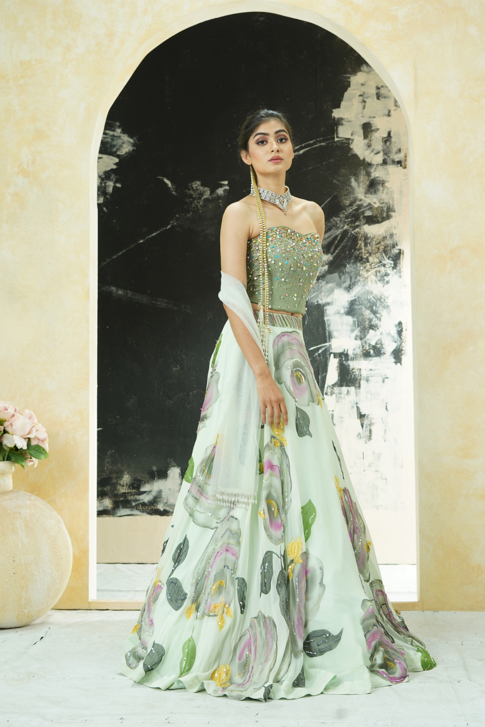 Mint Green hand painted lehenga and Green corset set