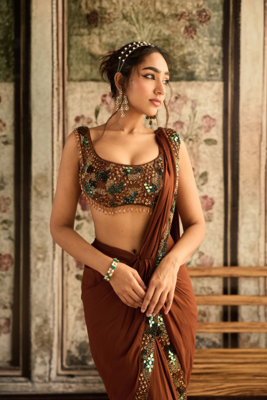 CARAMEL EMBROIDERED PRE-DRAPED  SAREE SET