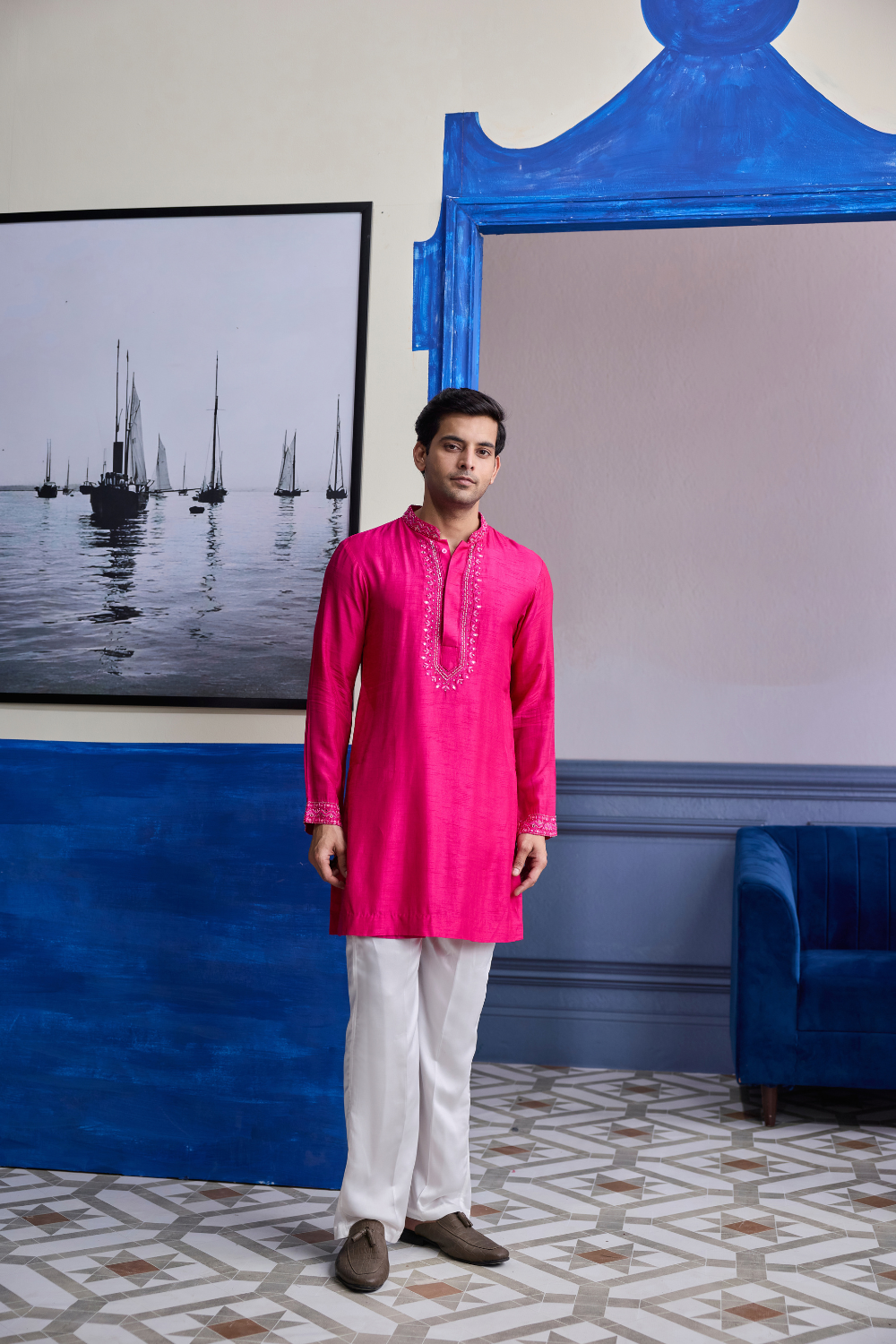 Fuchsia Pink Mirror Embroidered & Thread Work Kurta with Pants