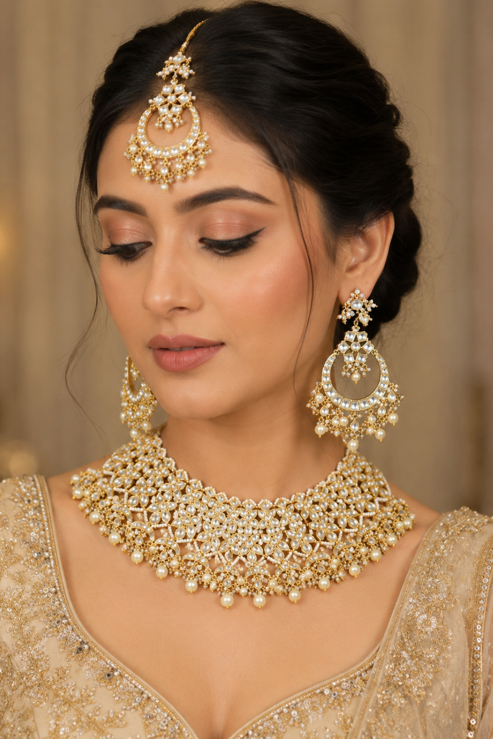 Royal Jaipuri Kundan Pearl Floral Choker Necklace Set with Chandbali Earrings & Maang Tikka