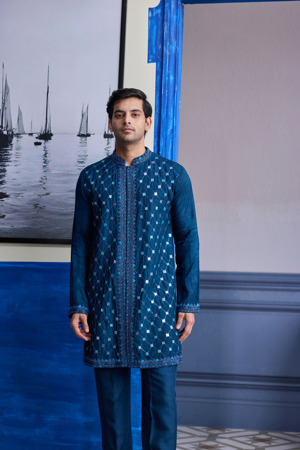 Teal Blue Mirror Embroidered Kurta Paired with Pants