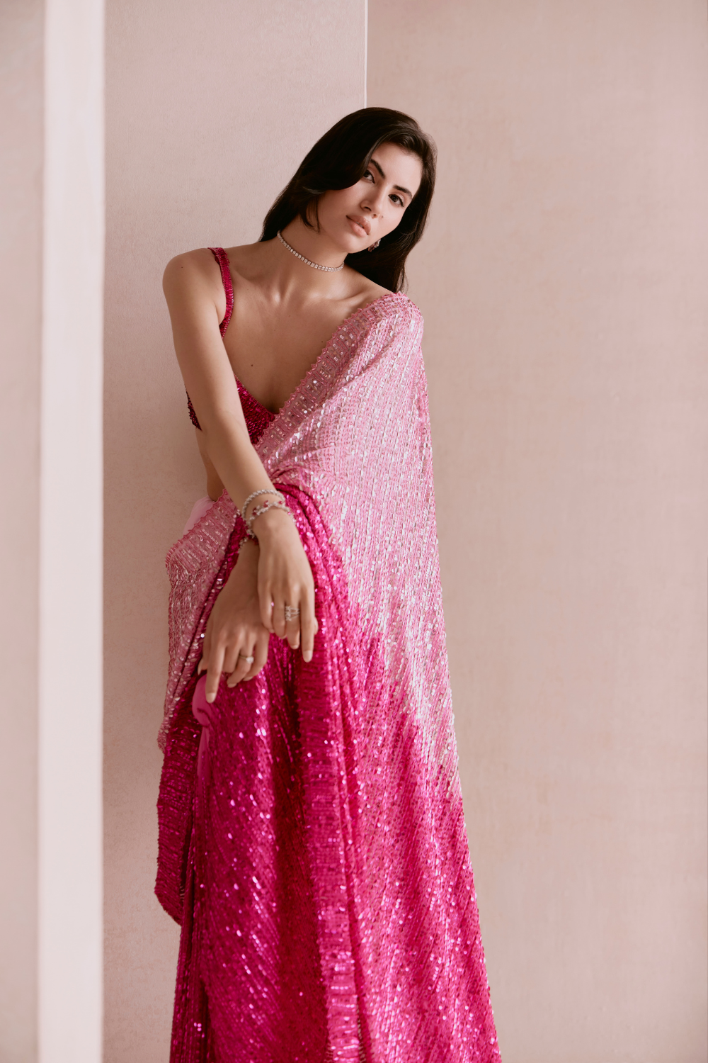 Light To Hot Pink Ombre Sequin Saree