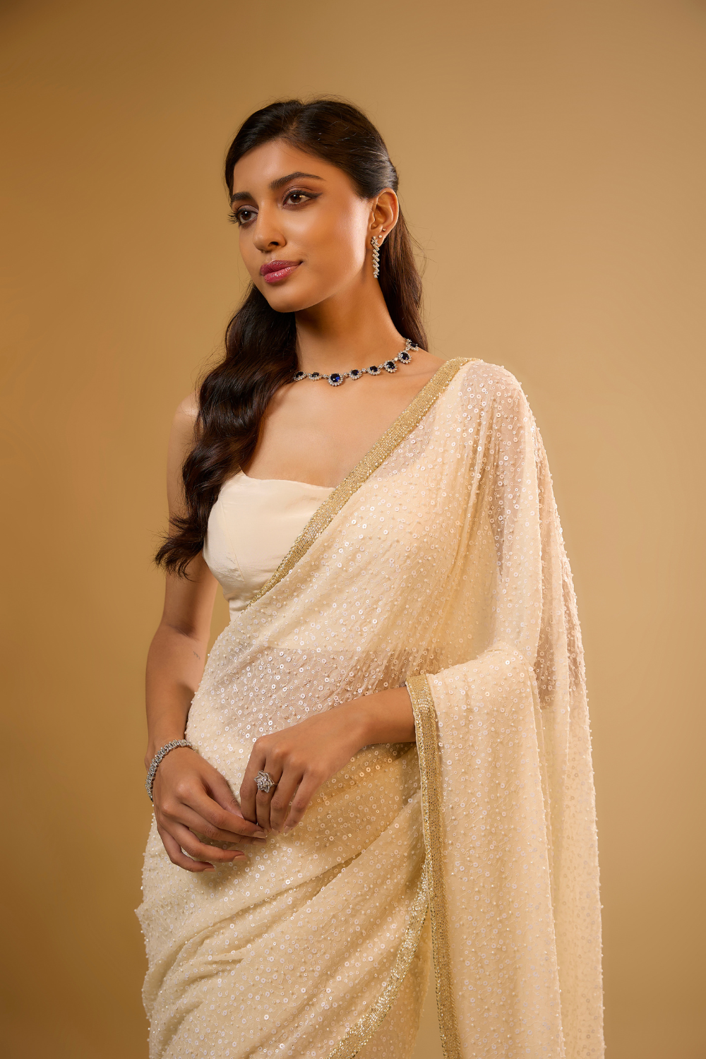Vanilla White georgette saree set embroidered all over with sequin & glass beads