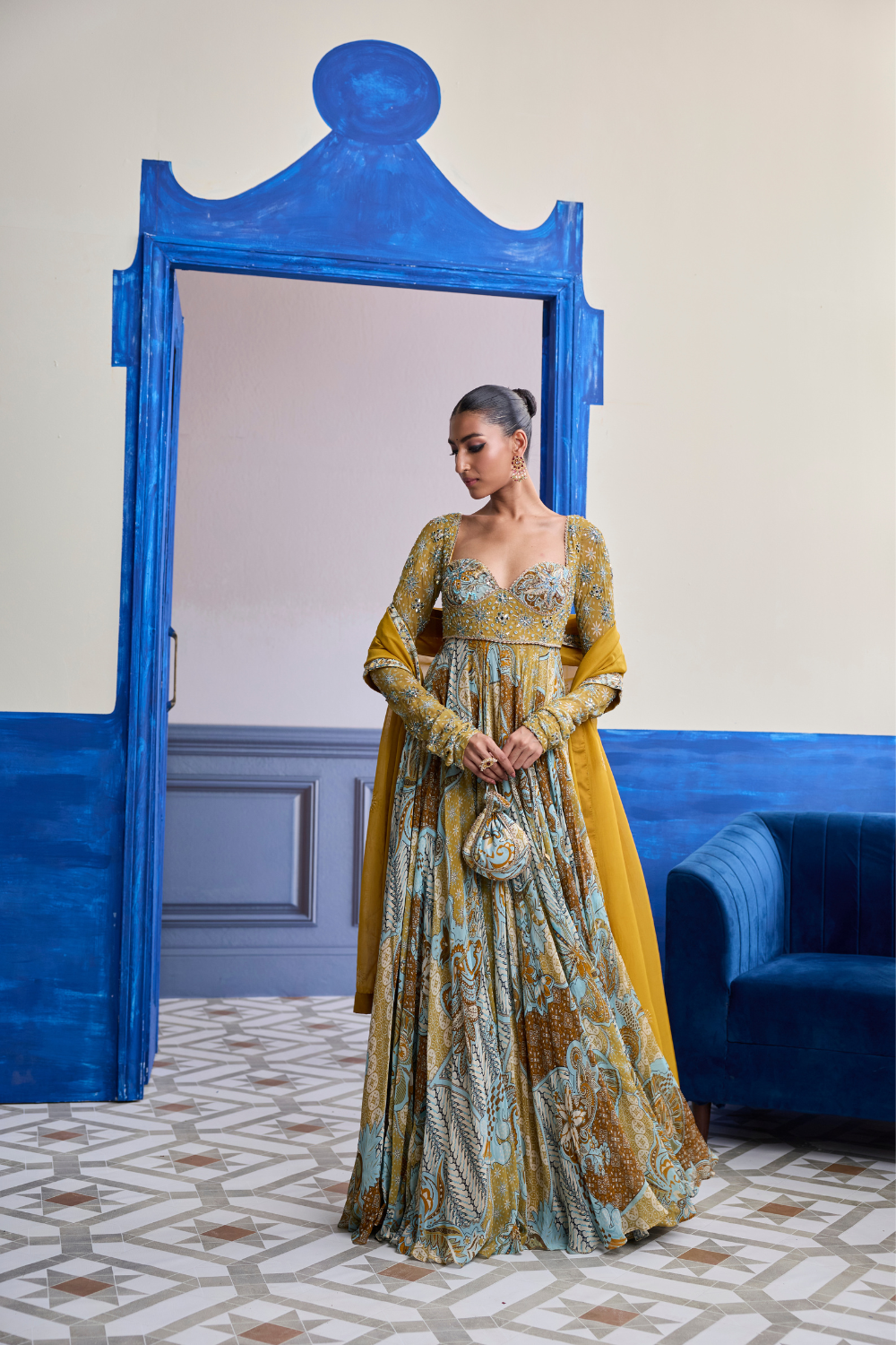Yellow Floral Anarkali with Embroidered Solid Dupatta Set