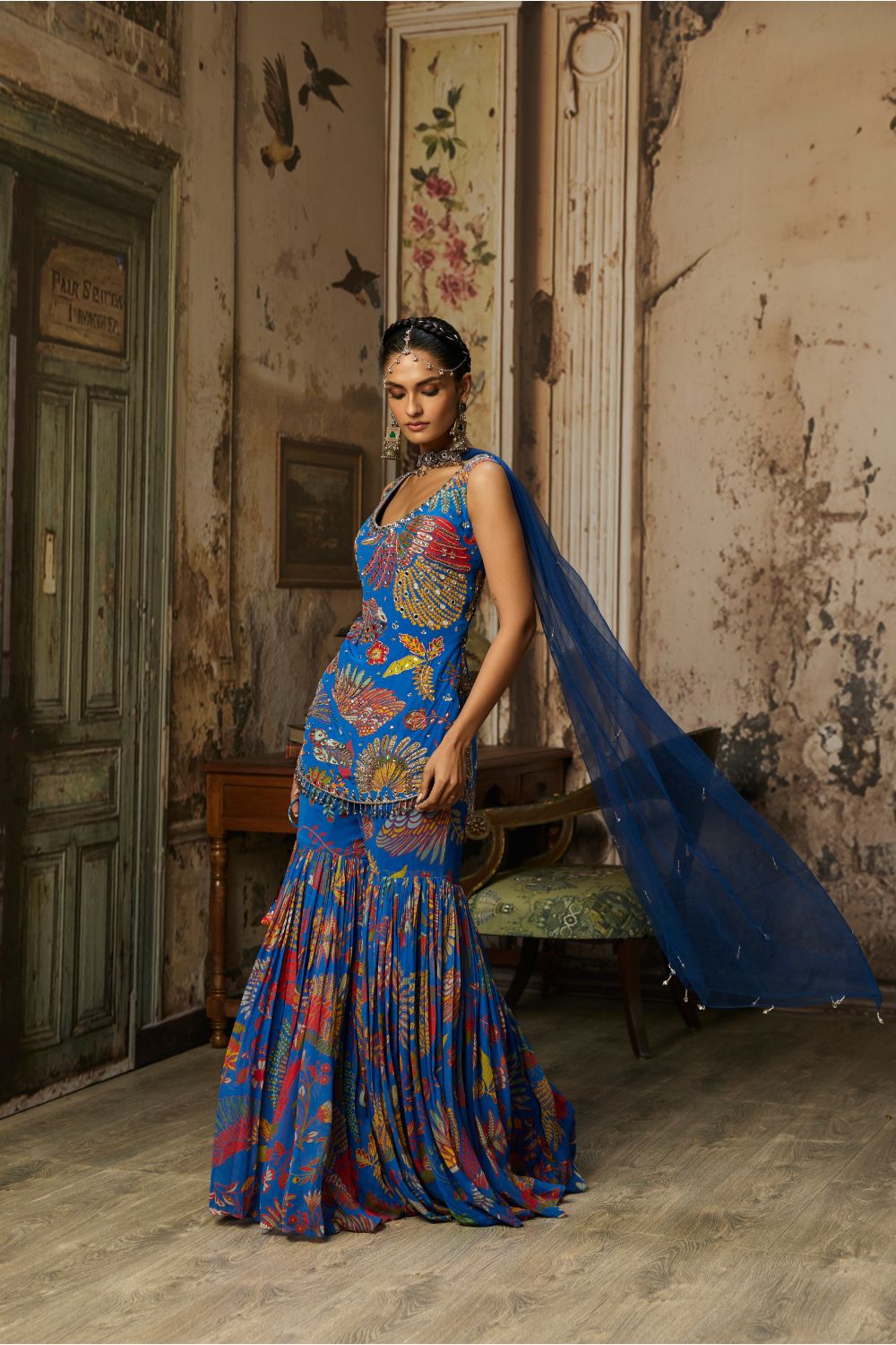 ELECTRIC BLUE PRINTED HIGHLIGHTED KURTI WITH GHARARA SET