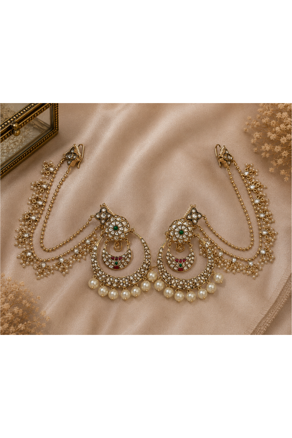 Kundan Pearl Chandbali Earrings with Ear Chains