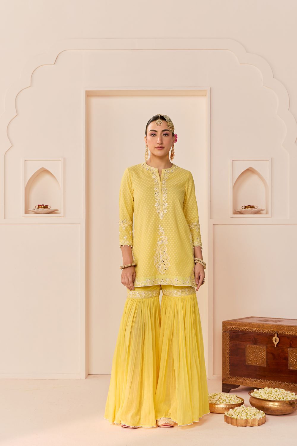 REHMA - LEMON YELLOW SHORT KURTA WITH SHARARA AND DUPATTA