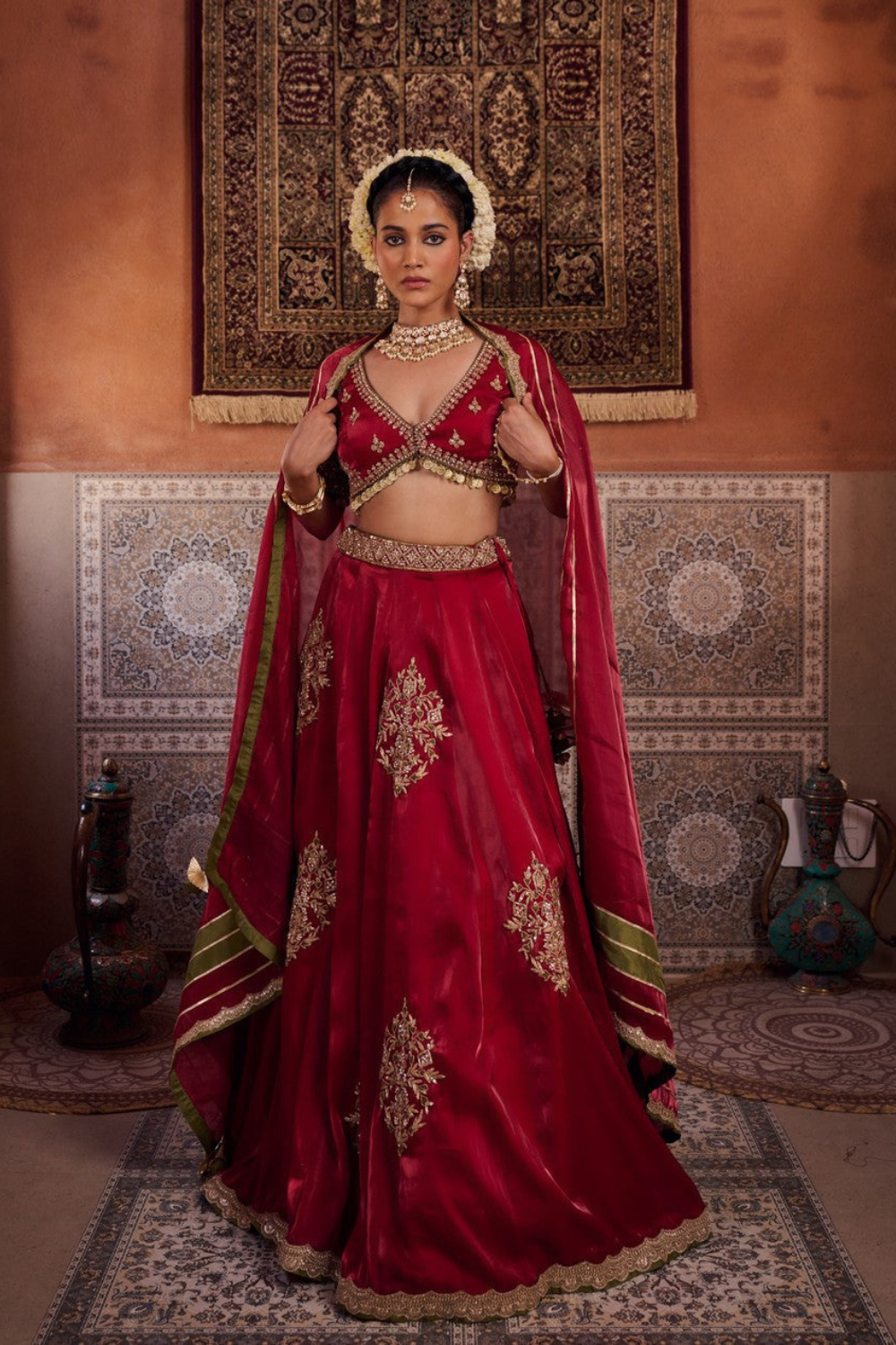 Maroon glass tissue blouse, lehenga and dupatta