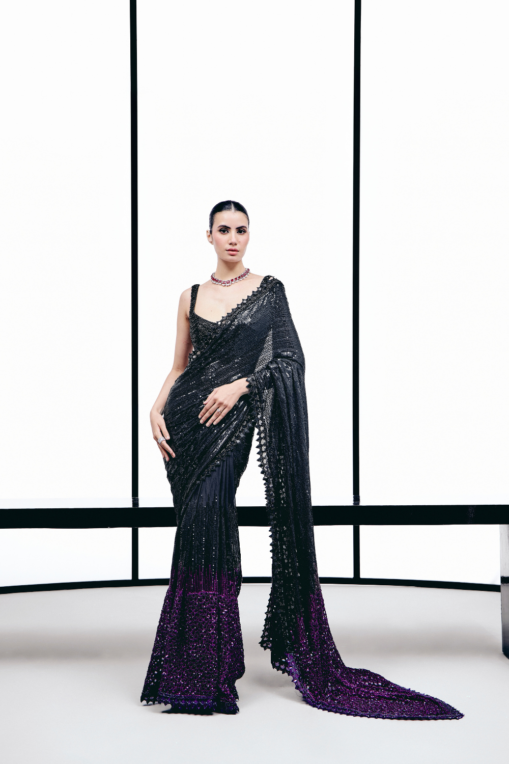 Black to Pruple Sequins Cutwork Saree Set