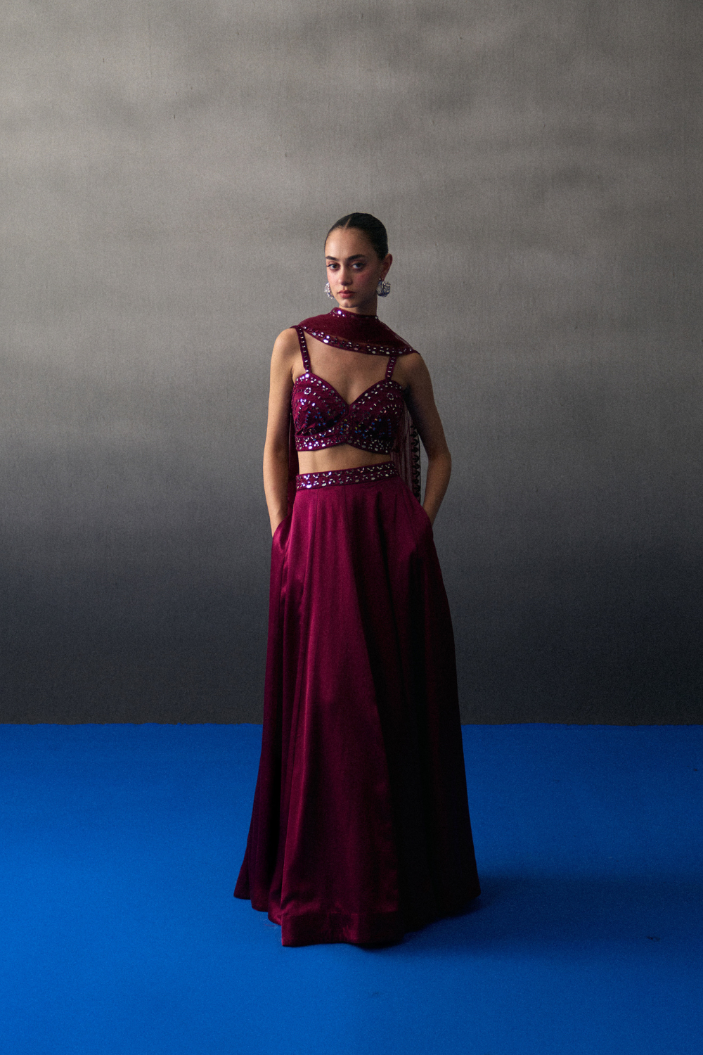 Crimson Satin Silk Skirt Set