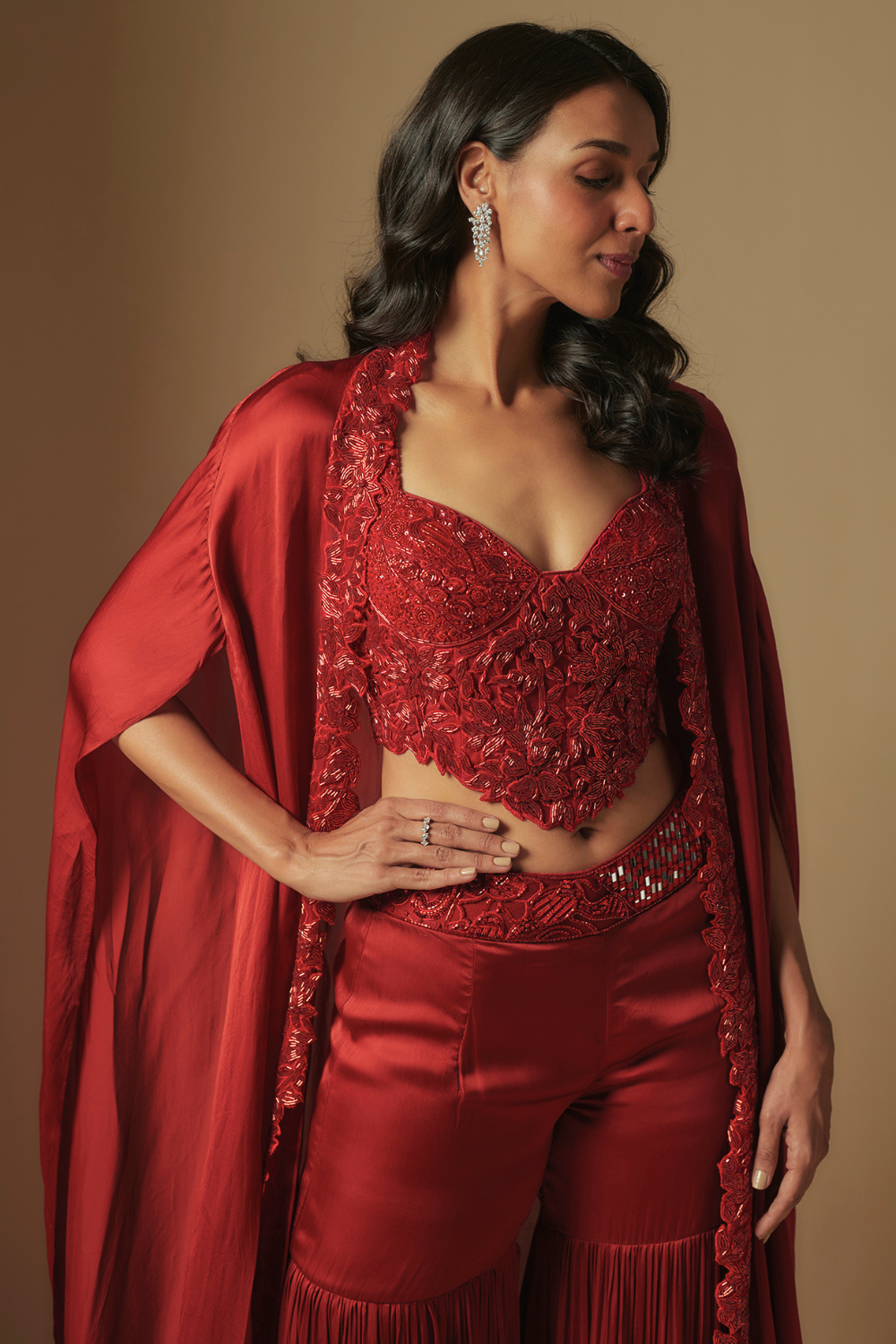 Pepper Hand Emb Blouse and Long cape  Paired With Sharara