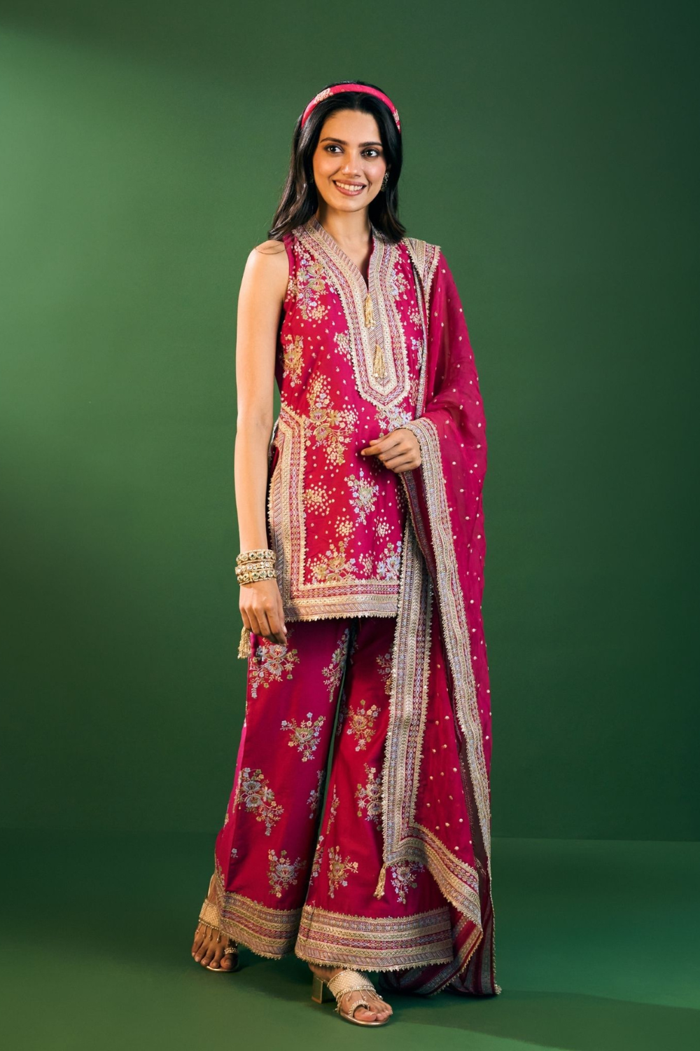Lami Pima Satin Fuchsia Kurta With Flared Bell-Bottom Pants