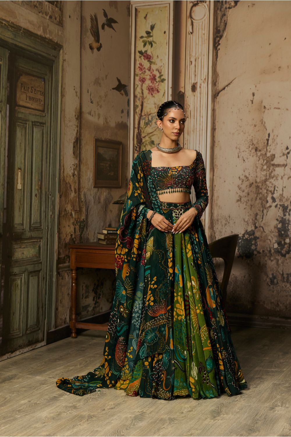 DARK GREEN DUAL PRINTED AND HIGHLIGHTED LEHENGA SET