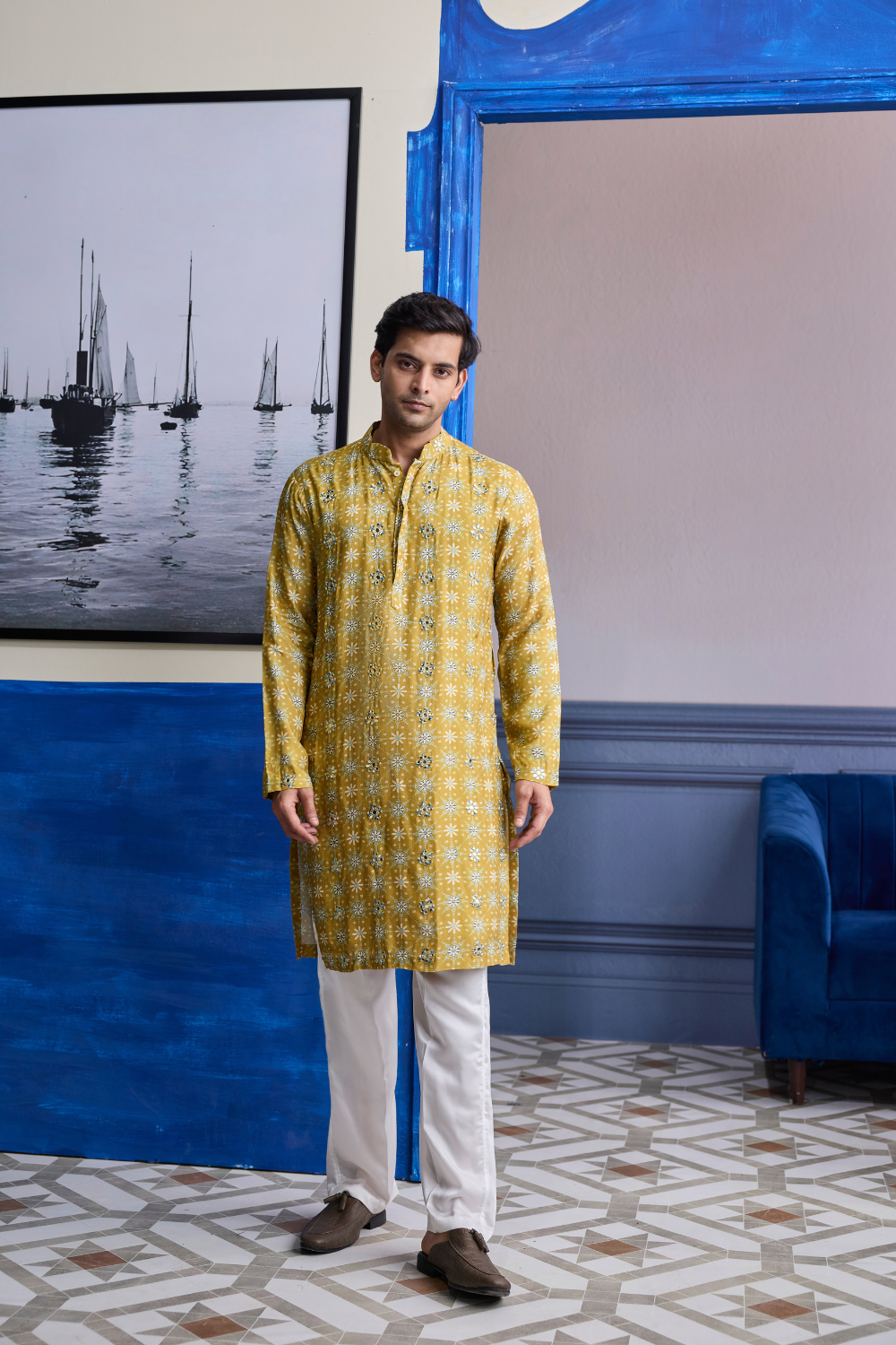 YELLOW BUTTA PRINT HIGHLIGHTED KURTA WITH IVORY PANTS