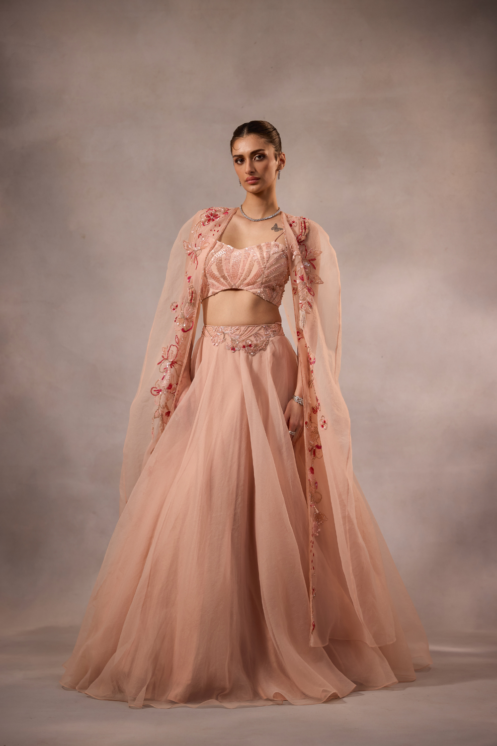 Powder Pink Embroidered Lehenga Set  with cape -set of 3