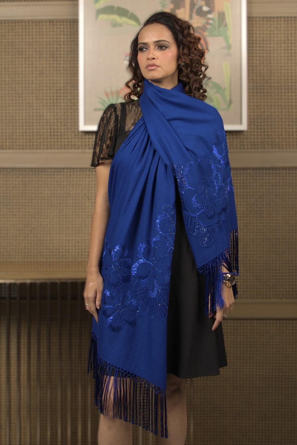 Shimmy Shimmer | Embroidered Wool Silk Stole – True Blue