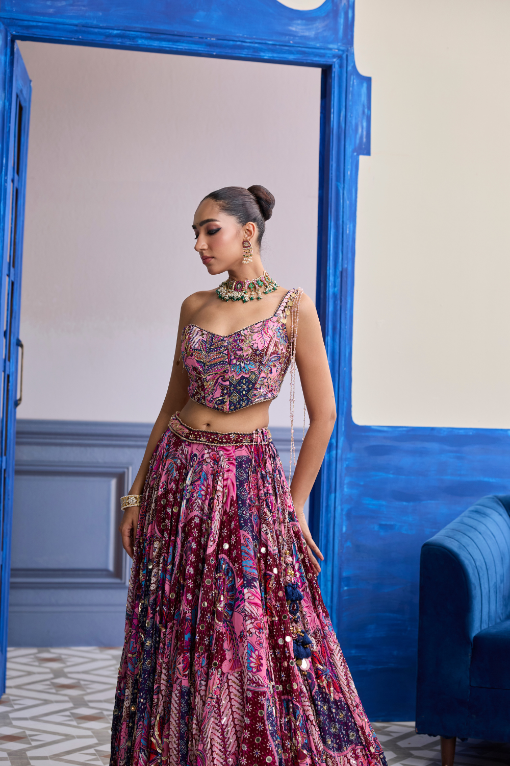 Fuchsia Floral Corset with Highlighted Lehenga Set