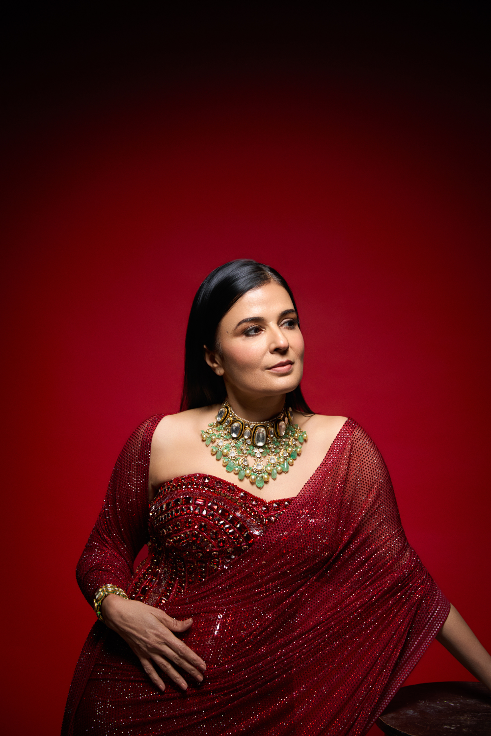 Divya Gurwara in Crimson Stardust Drape Set