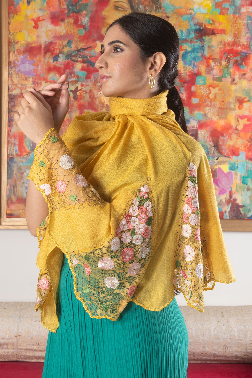 Cherry Blossom Flounce | Embroidered Wool Silk Stole – Spicy Mustard
