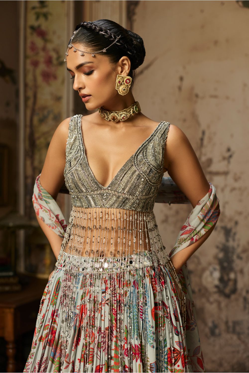 SLATE GREY EMBROIDERED BLOUSE AND PRINTED LEHENGA SET