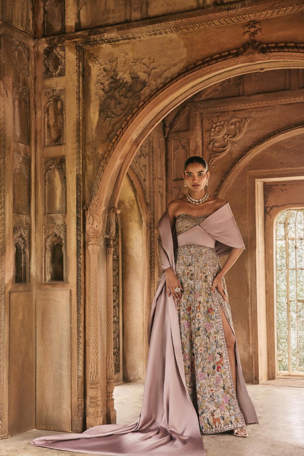 Multi-coloured, mauve, hand-embroidery, tissue, gown