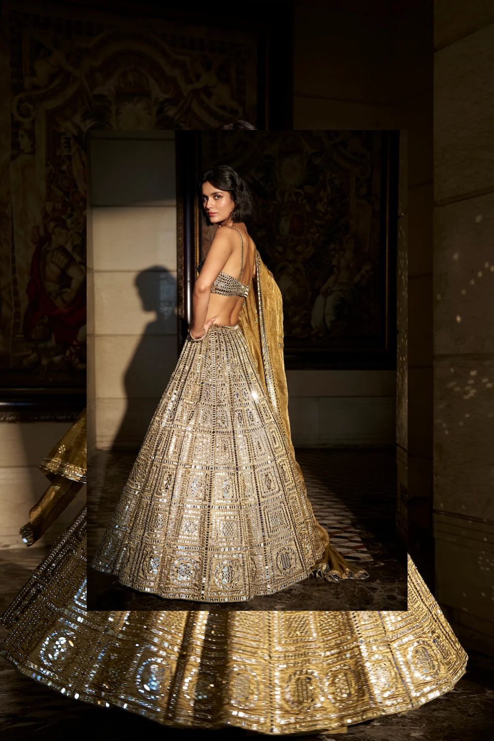 Antique Gold Mirror Work Lehenga Set