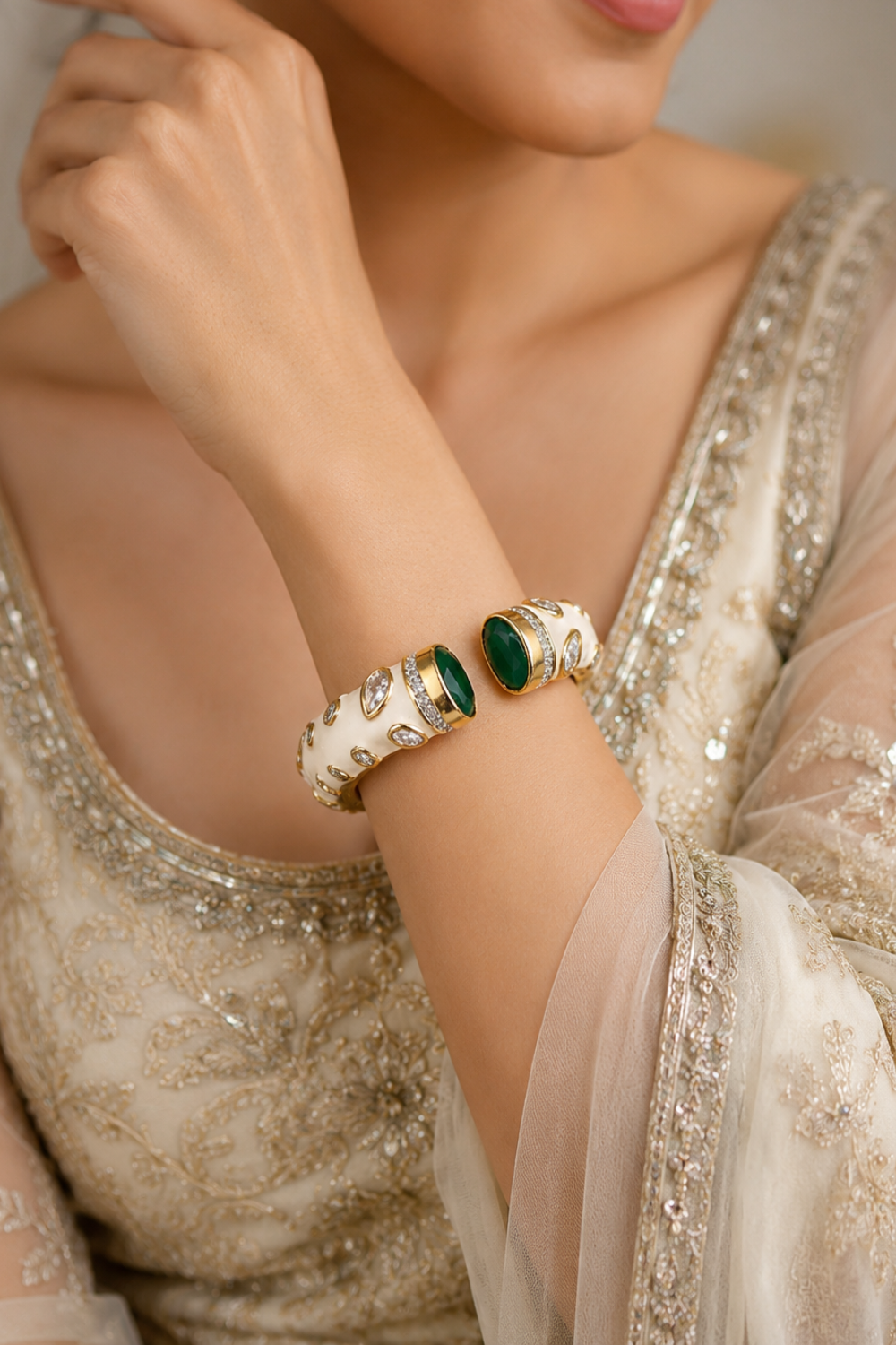 White Enamel Green Stone Open Cuff Statement Bangle