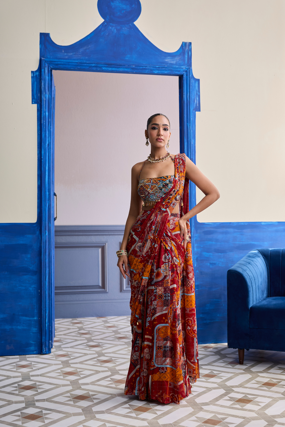 Rust Mosaic Blouse with Pre-Draped Panelled Saree Set