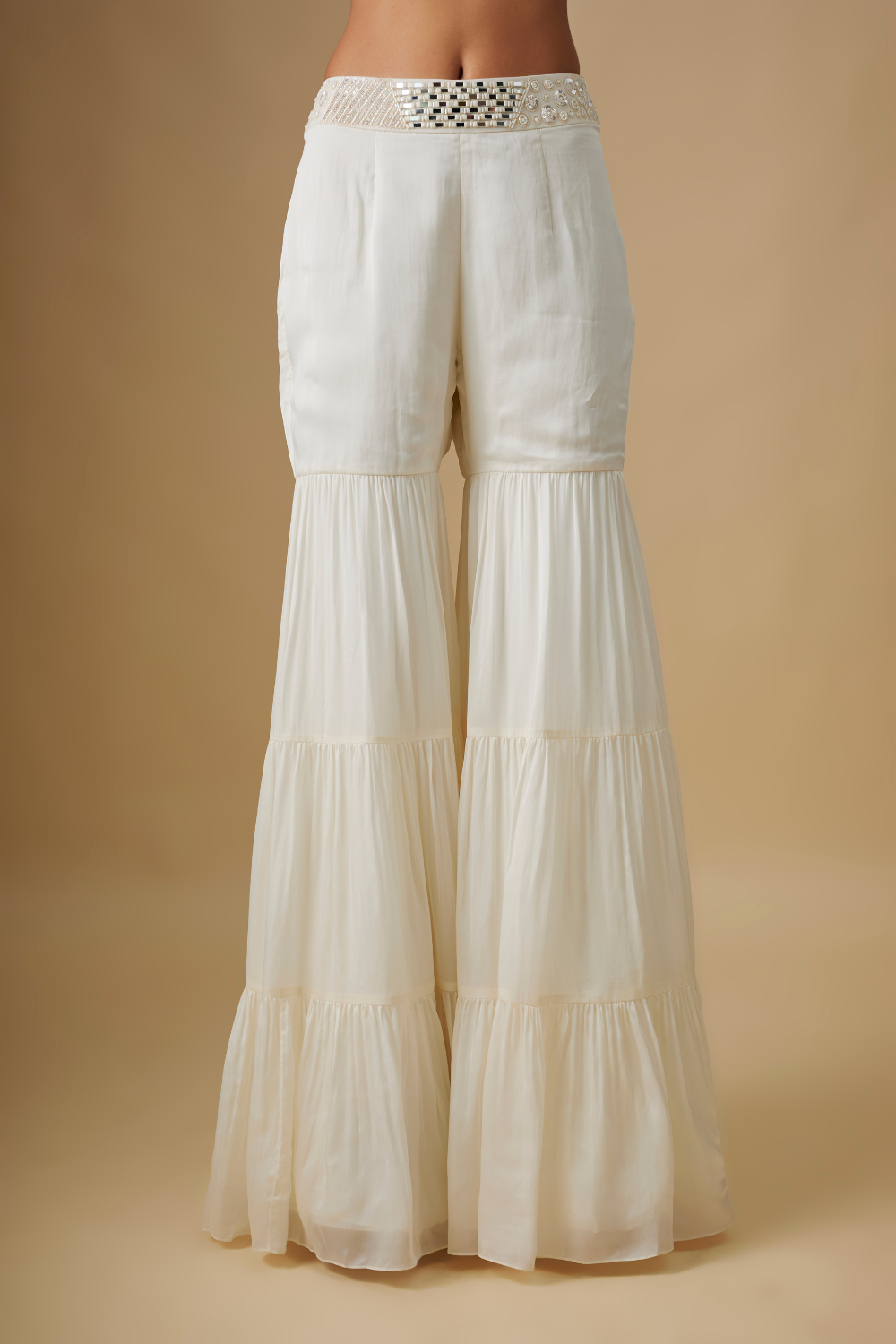 Seabryn- Ivory Sharara Mirror Blouse With Cape