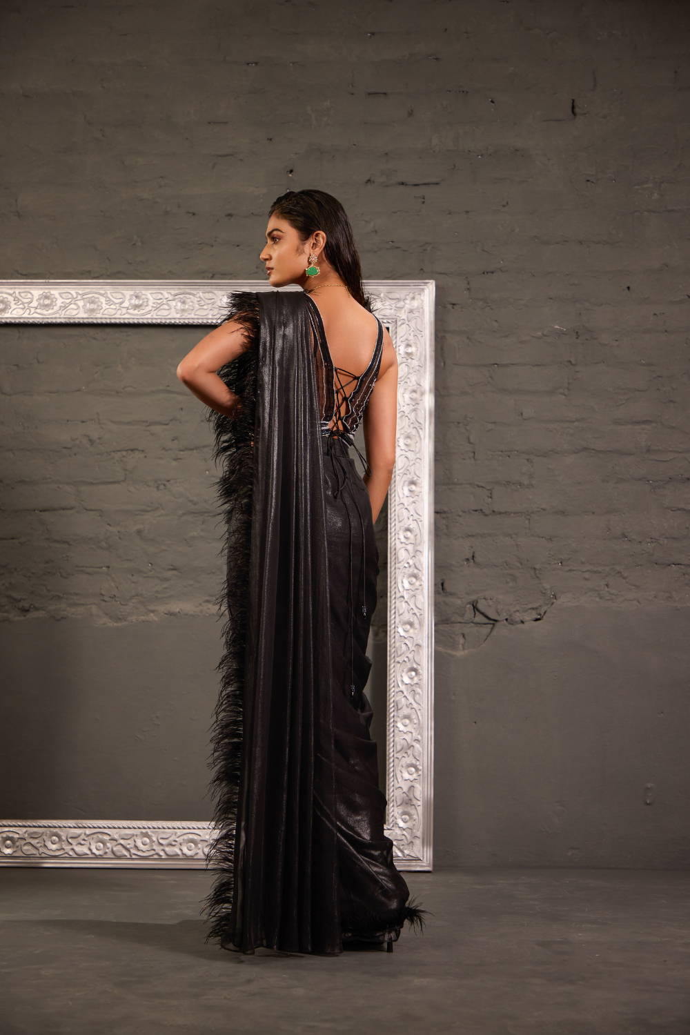 Black Hand Embroidred Blouse With Feather Palla Drape Saree