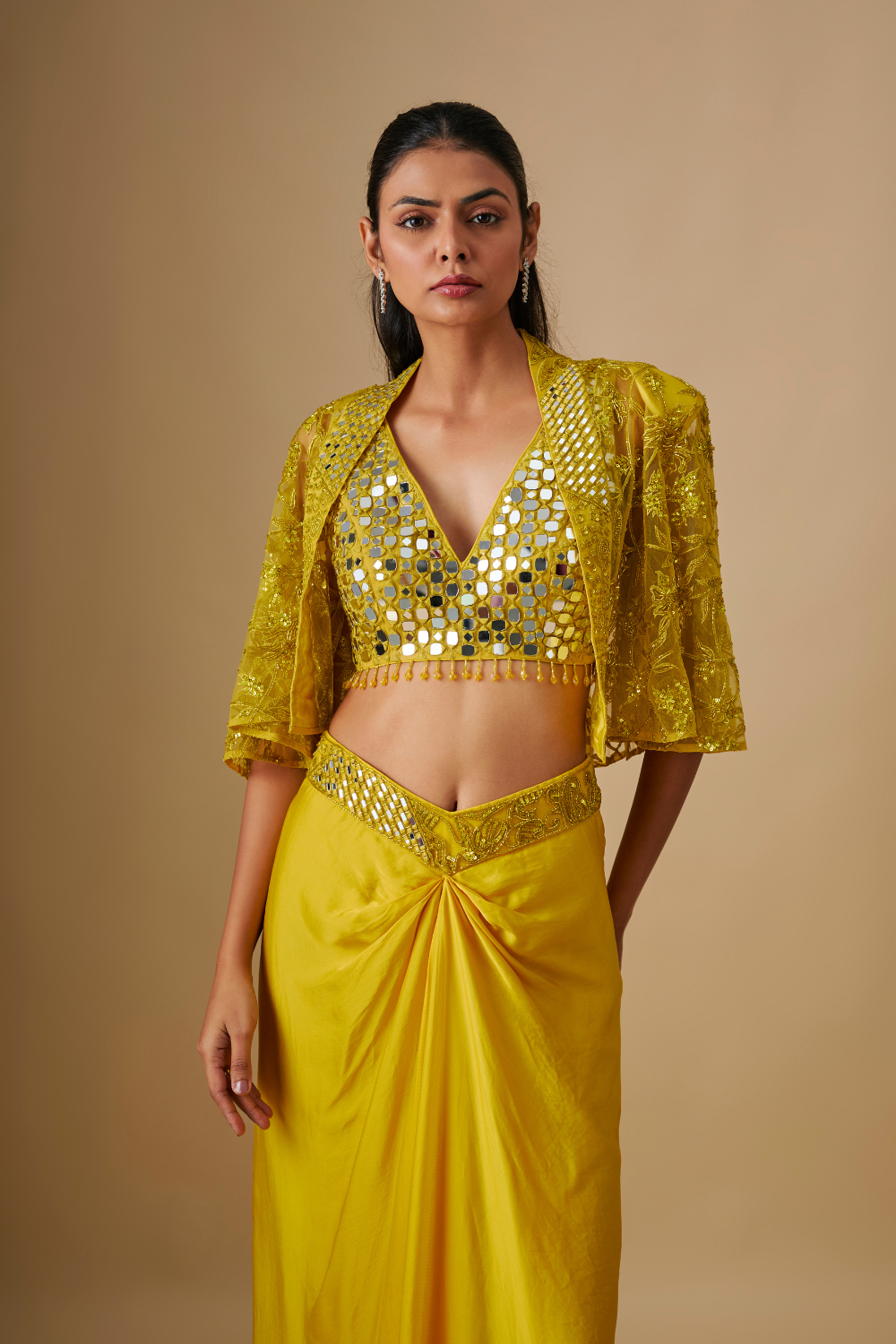 Mistral -Yellow  Drape Full mirror Blouse With Cape