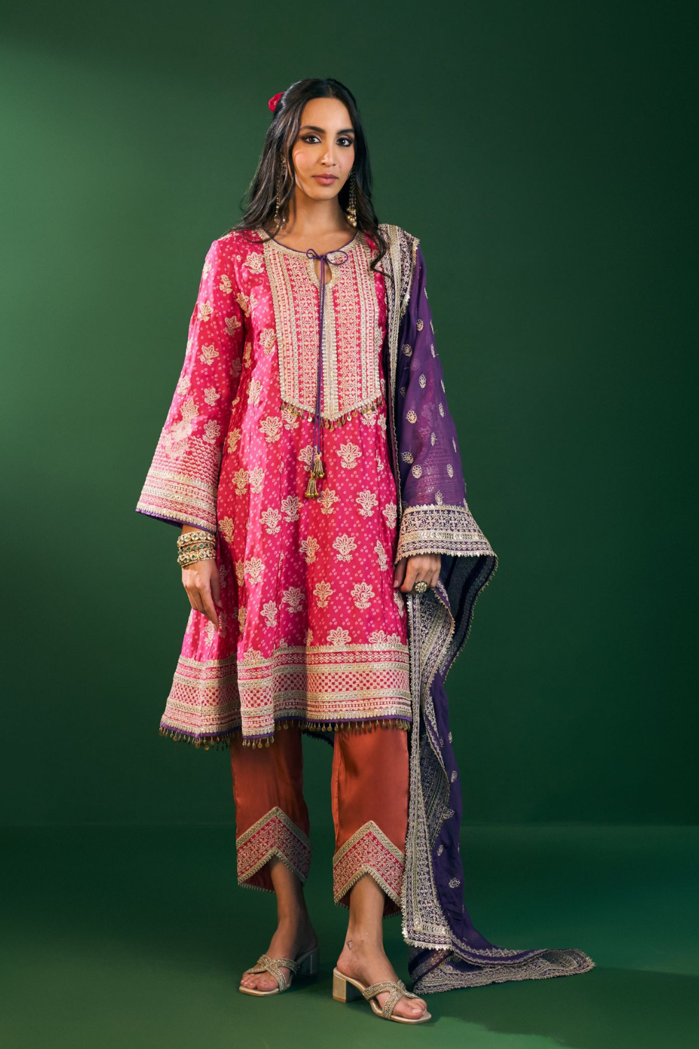 Arvini Cupro Satin Fuschia Anarkali Kurta Set