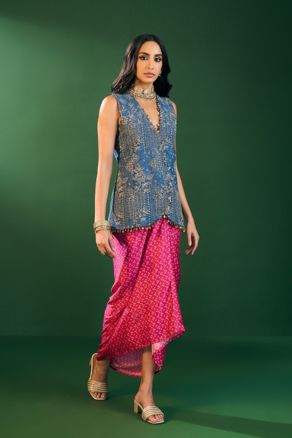 Lunira Denim Waistcoat With Cupro Satin Printed Fuschia Draped Skirt