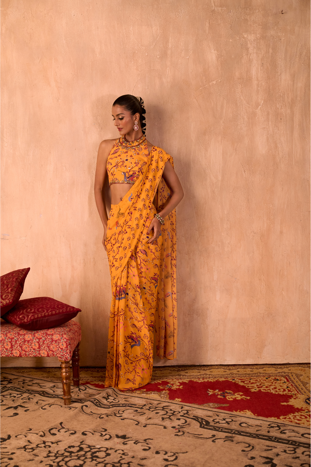 YELLOW PRINT EMBROIDERED HALTER CHOLI AND PREDRAPED SARI SET