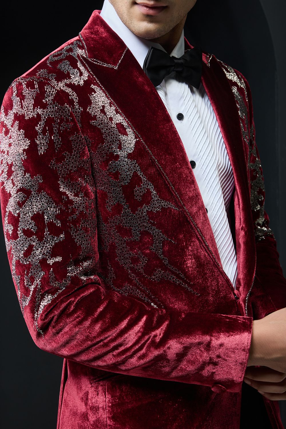 Wine tuxedo highlighted with cutdana