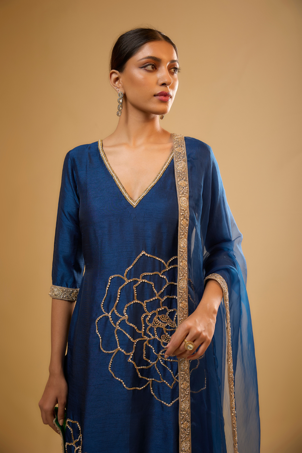 Egyptian blue semi dupion kurta pants set with floral gold embroidery