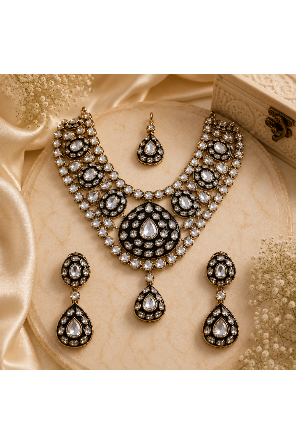 Gold Plated Kundan Polki Necklace Set with Maang Tikka and Earrings