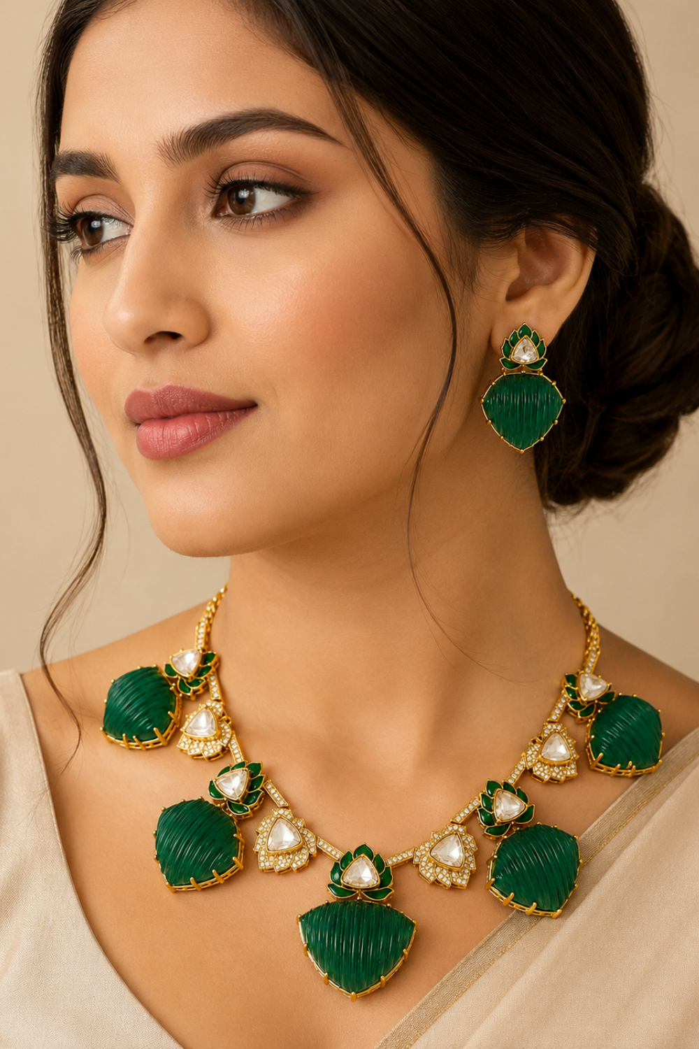 Emerald Green Kundan Lotus Statement Necklace Set with Earrings