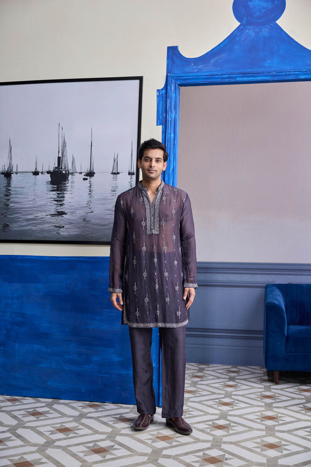 Charcoal Grey Sheer Embroidered Kurta with Pants