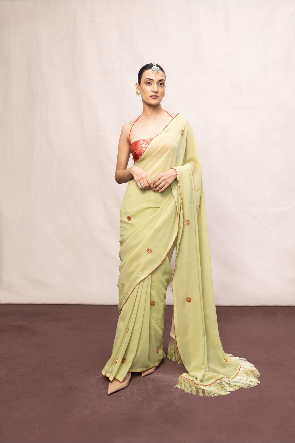 Handwoven Pistachio Green Georgette Embroidered Saree