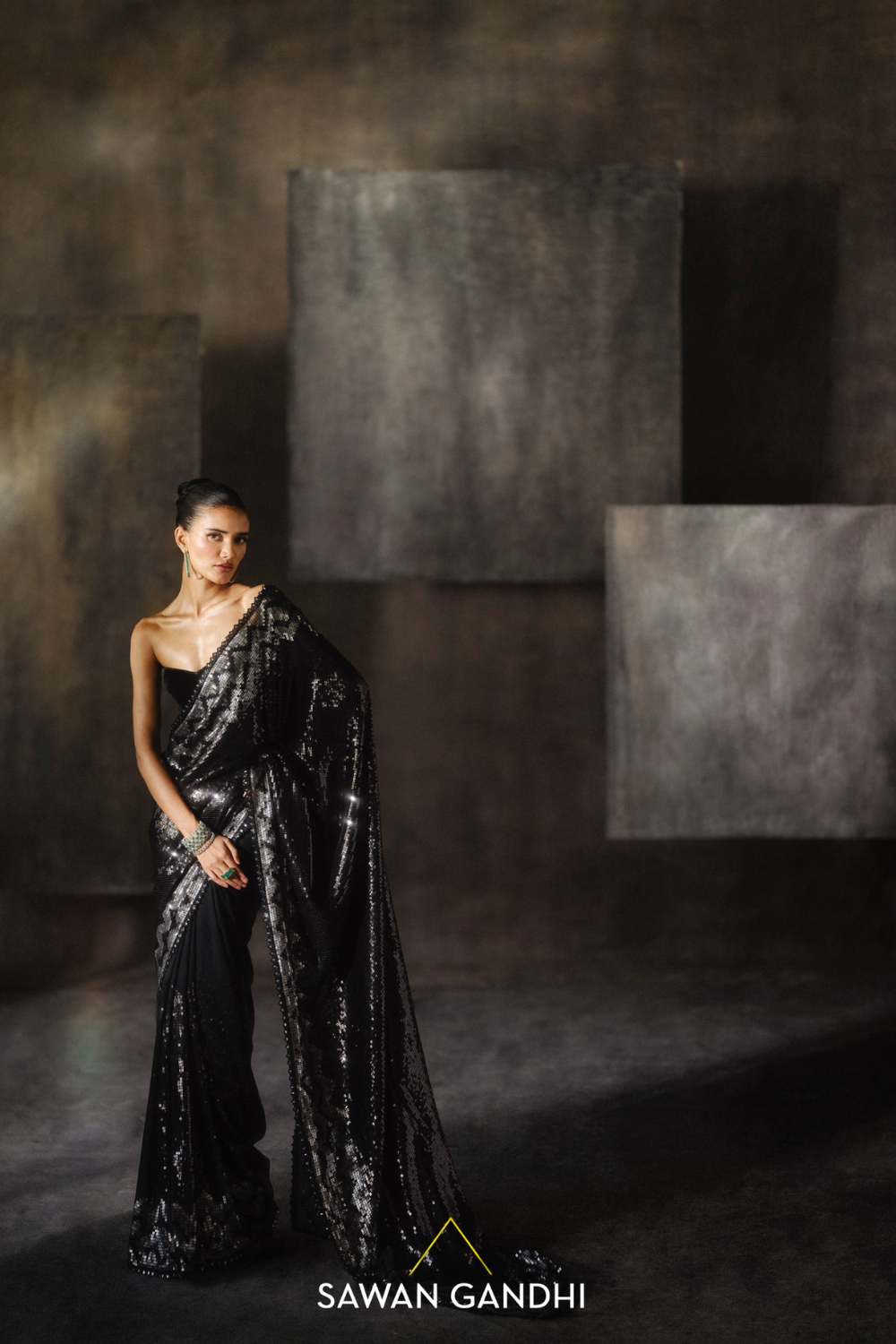 Black silver chevron sequins saree