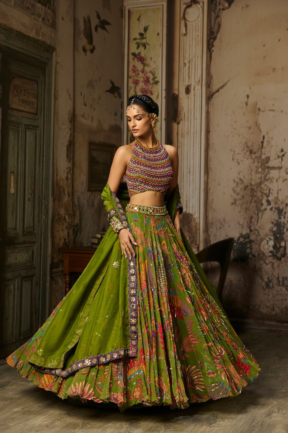 COLORFUL EMBROIDERED BLOUSE WITH PEAR GREEN LEHENGA SET