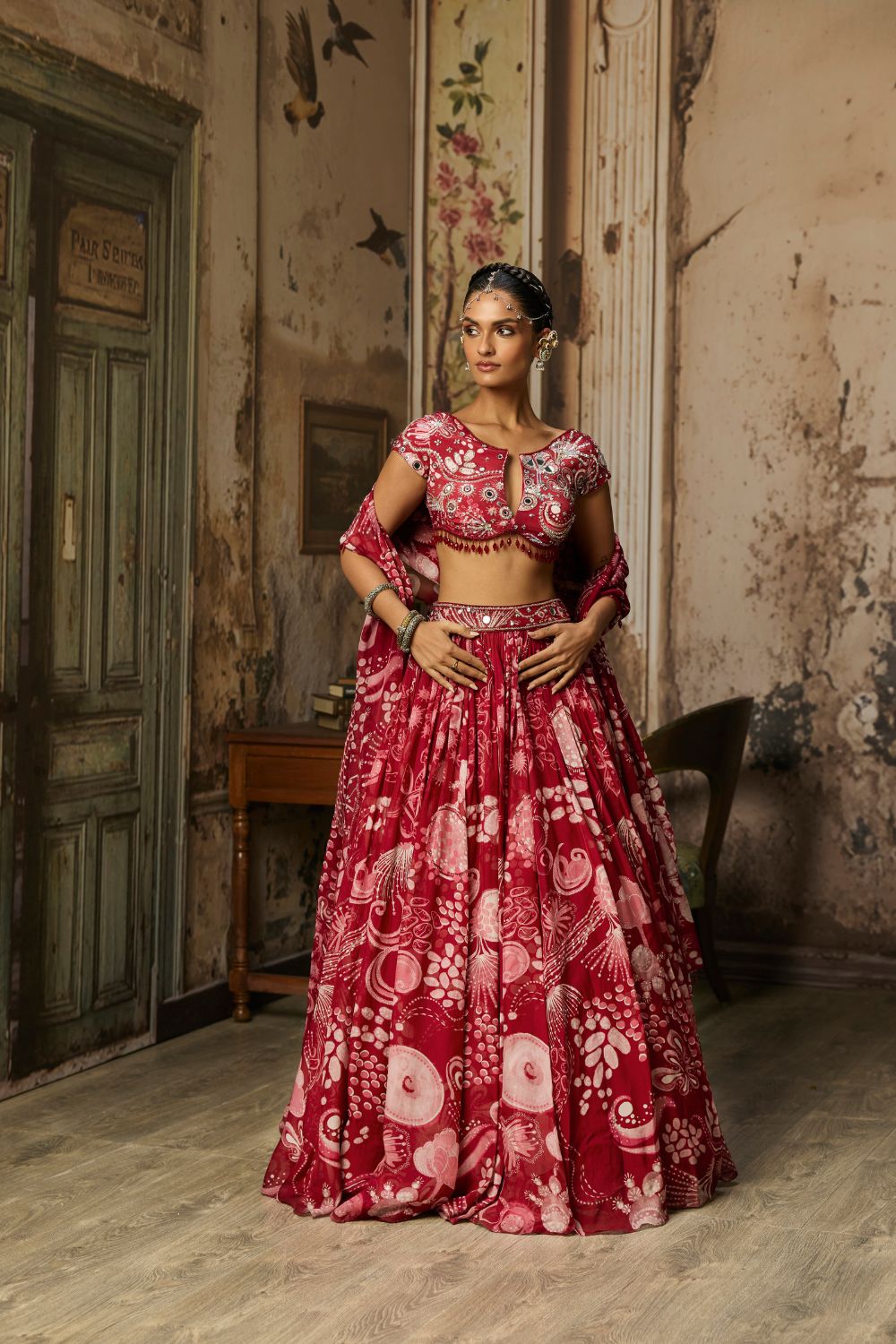 SCARLET RED PRINTED AND HIGHLIGHTED LEHENGA SET