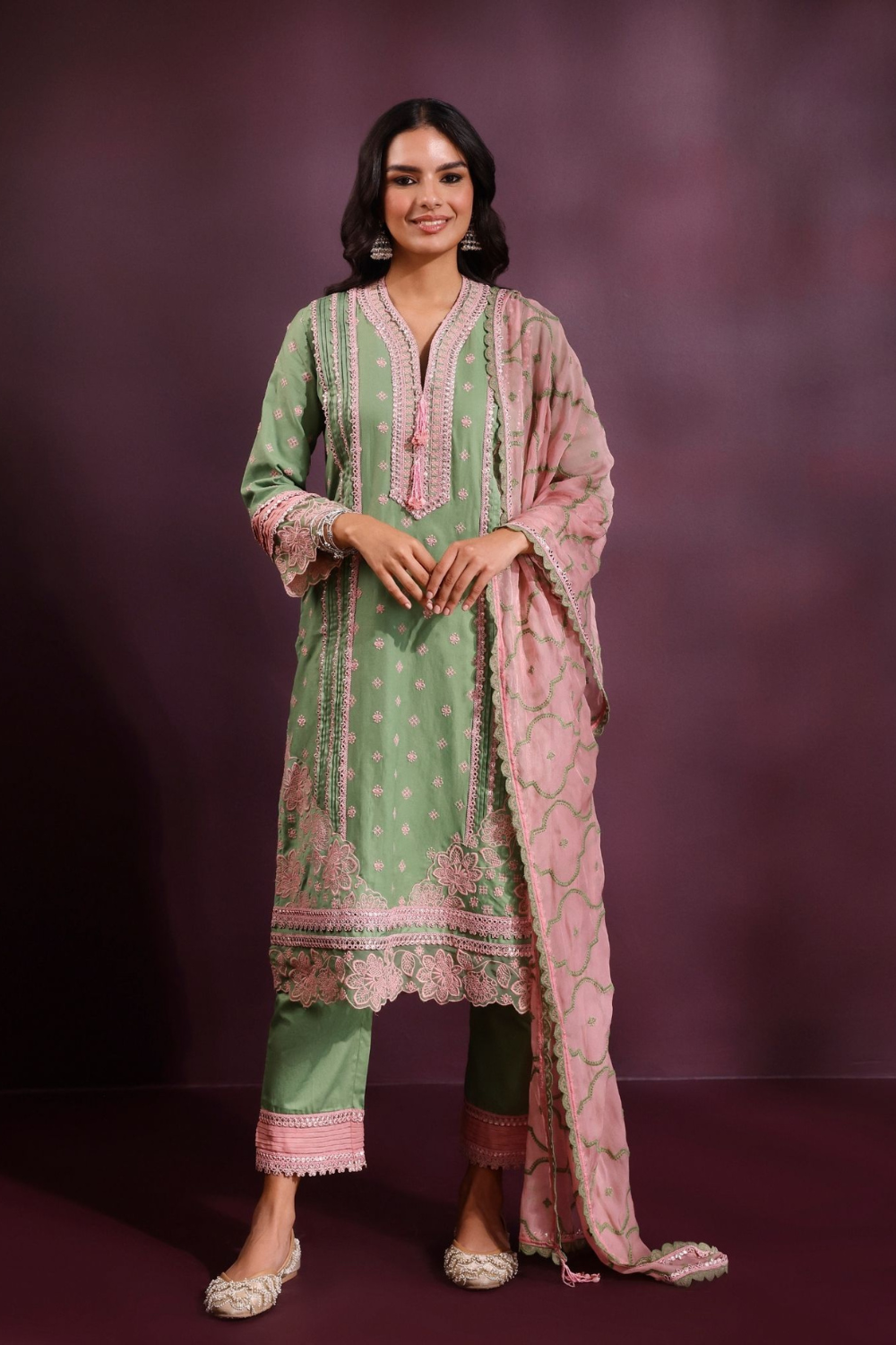 Pira Pima Satin Parrot Green Kurta Set