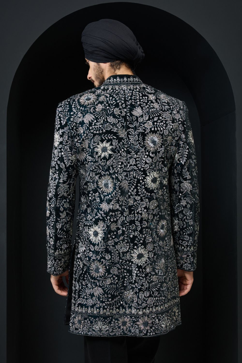 Teal Indo Western highlighted with pearl, sequins ,cutdana and spring thread work